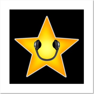 Yellow Music Star with Headphones Smile Posters and Art